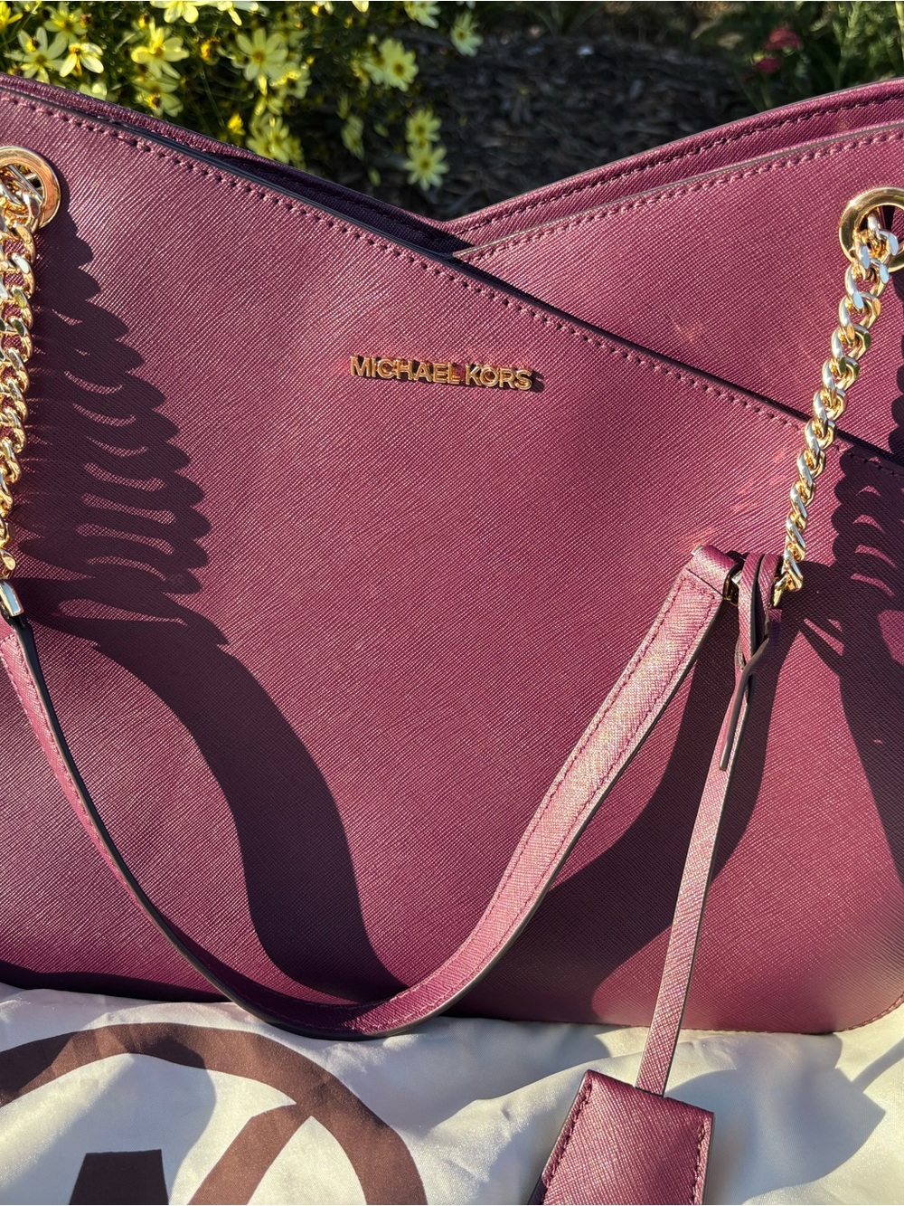 Michael Kors Plum Saffiano Tote with Gold Chain Accents